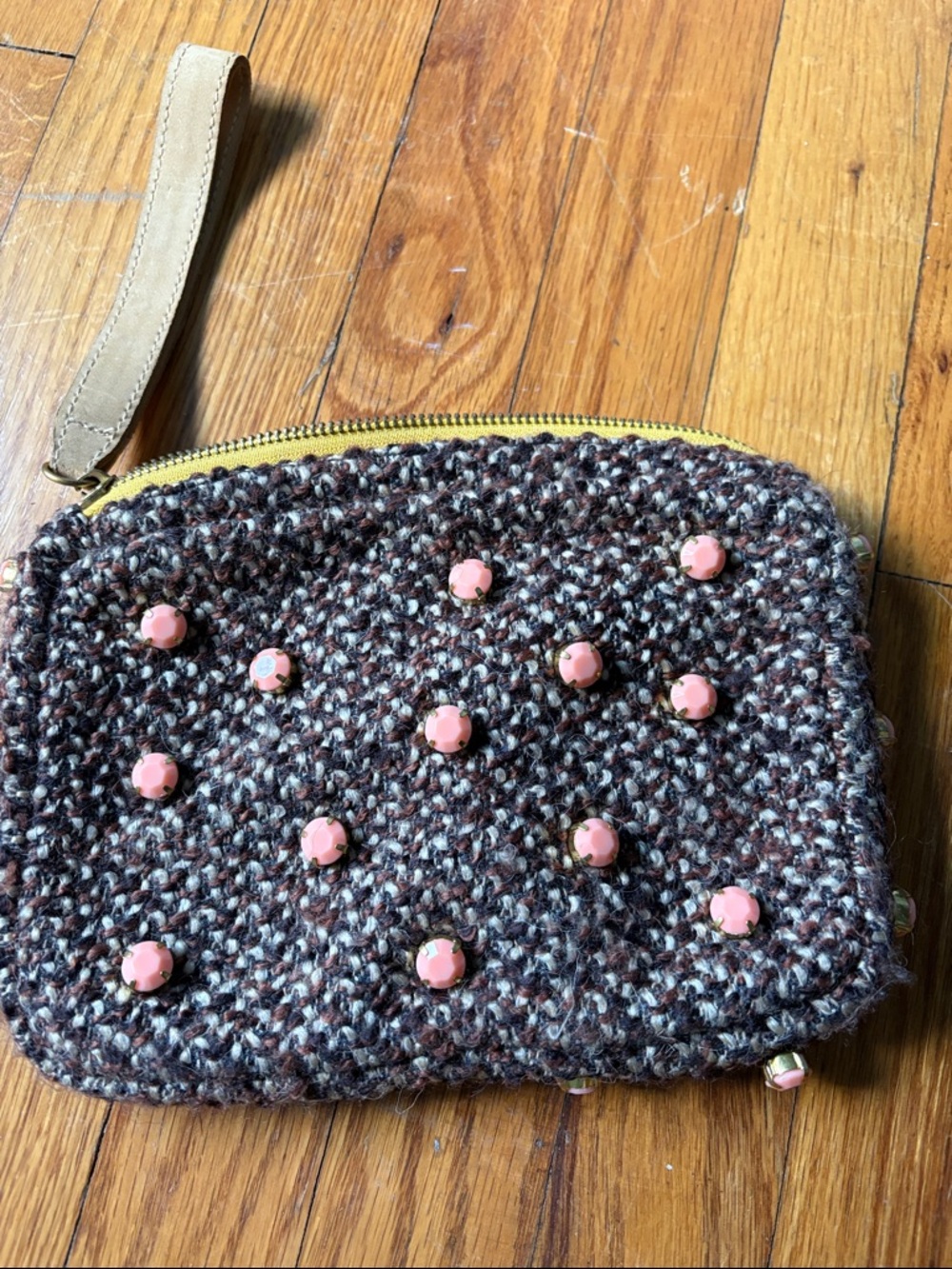 Miss Albright Brown Tweed Wristlet Clutch with Coral Beaded Accents